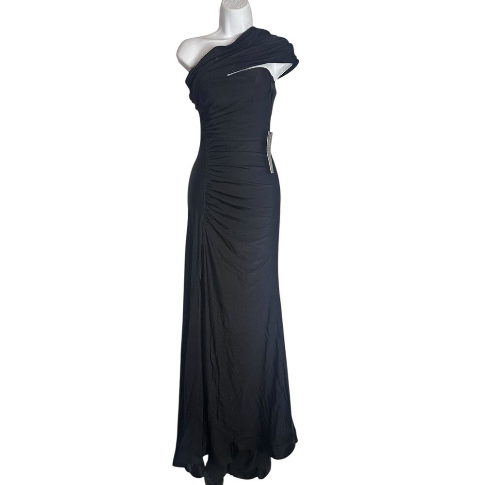 NWT Cinderella Divine Asymmetrical Neckline Bodycon Slit Black Dress Gown 2 - Picture 3 of 12